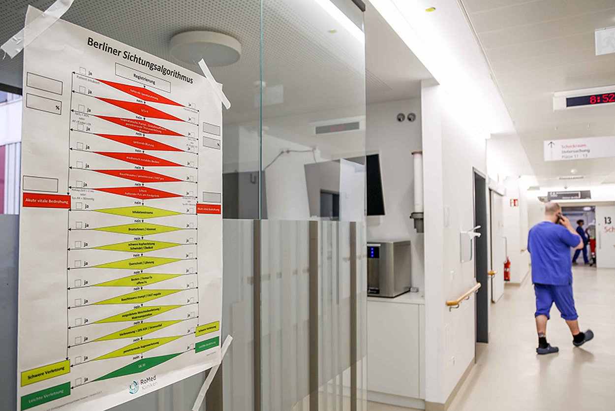 Sichtungsalgorithmus zur Priorisierung der eintreffenden Patienten, im Eingangsbereich der Notaufnahme, im Hintergrund eine laufende Schockraumversorgung, Foto: Johanniter/Gerhard Bieber Sichtungsalgorithmus zur Priorisierung der eintreffenden Patienten, im Eingangsbereich der Notaufnahme, im Hintergrund eine laufende Schockraumversorgung, Foto: Johanniter/Gerhard Bieber
